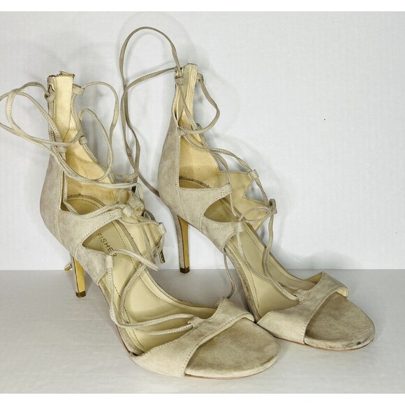 Marc Fisher Beige Suede Leg Wrap Lace Up Peep Toe Heels Women Size 7 - Picture 1 of 10